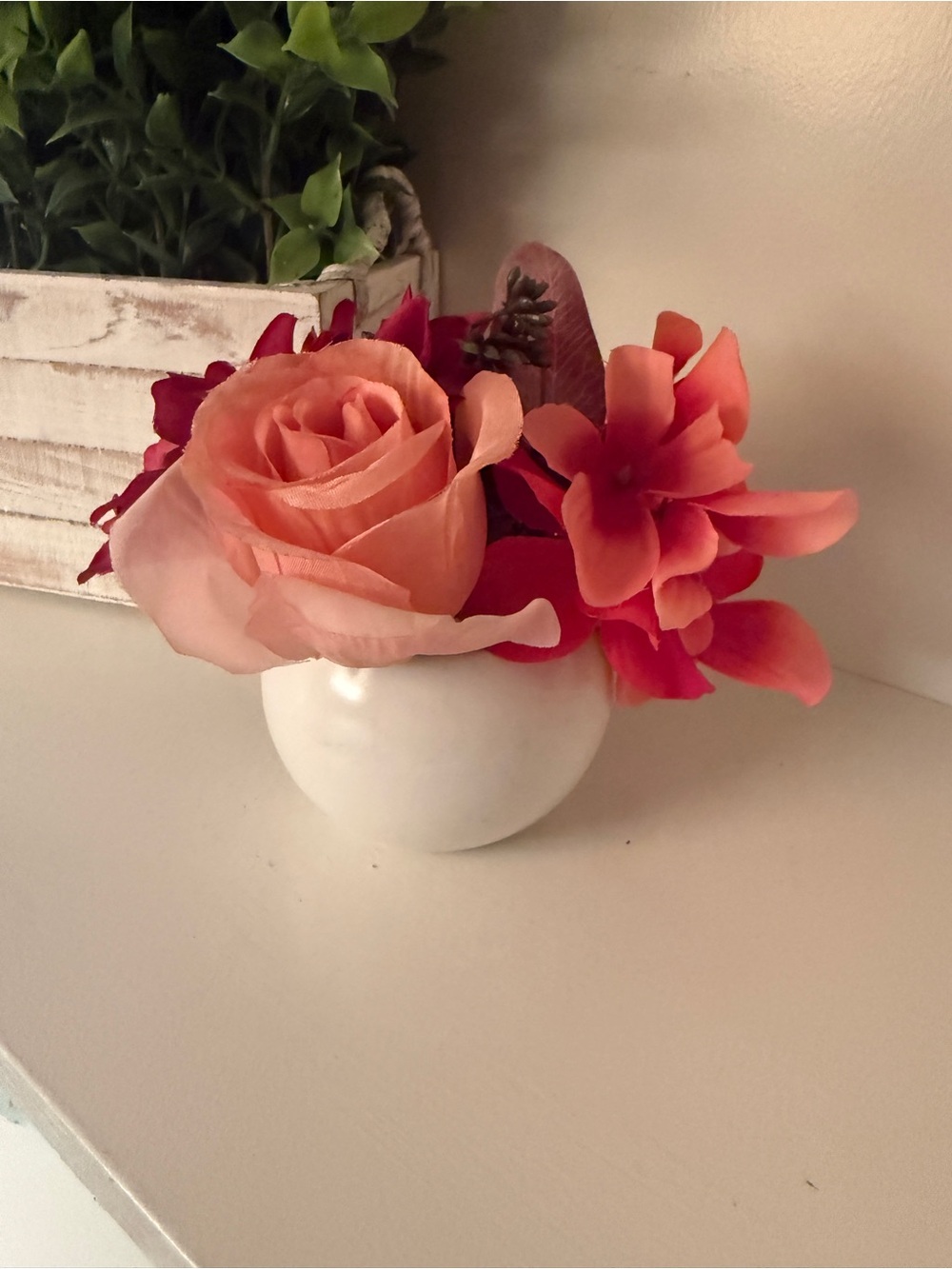 Small Faux Floral Arrangement White Ceramic Vase Burgundy Coral Flowers